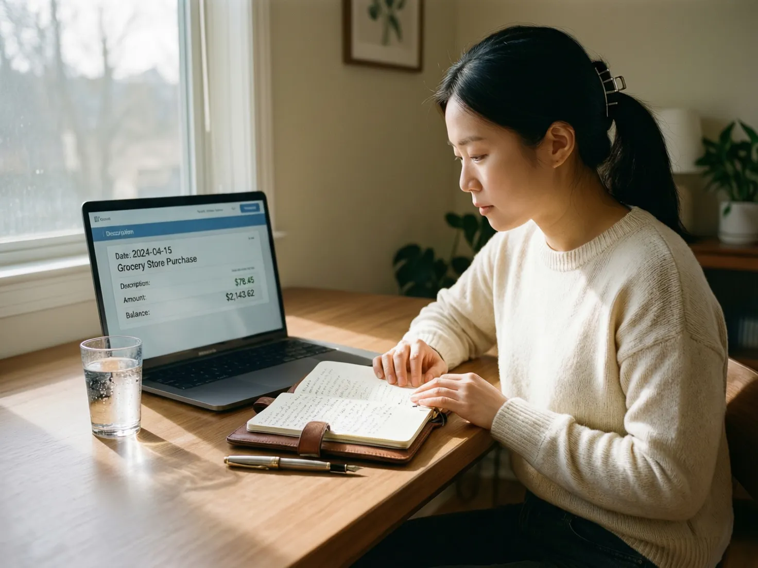 Persona tomando notas mientras revisa transacciones bancarias en computadora