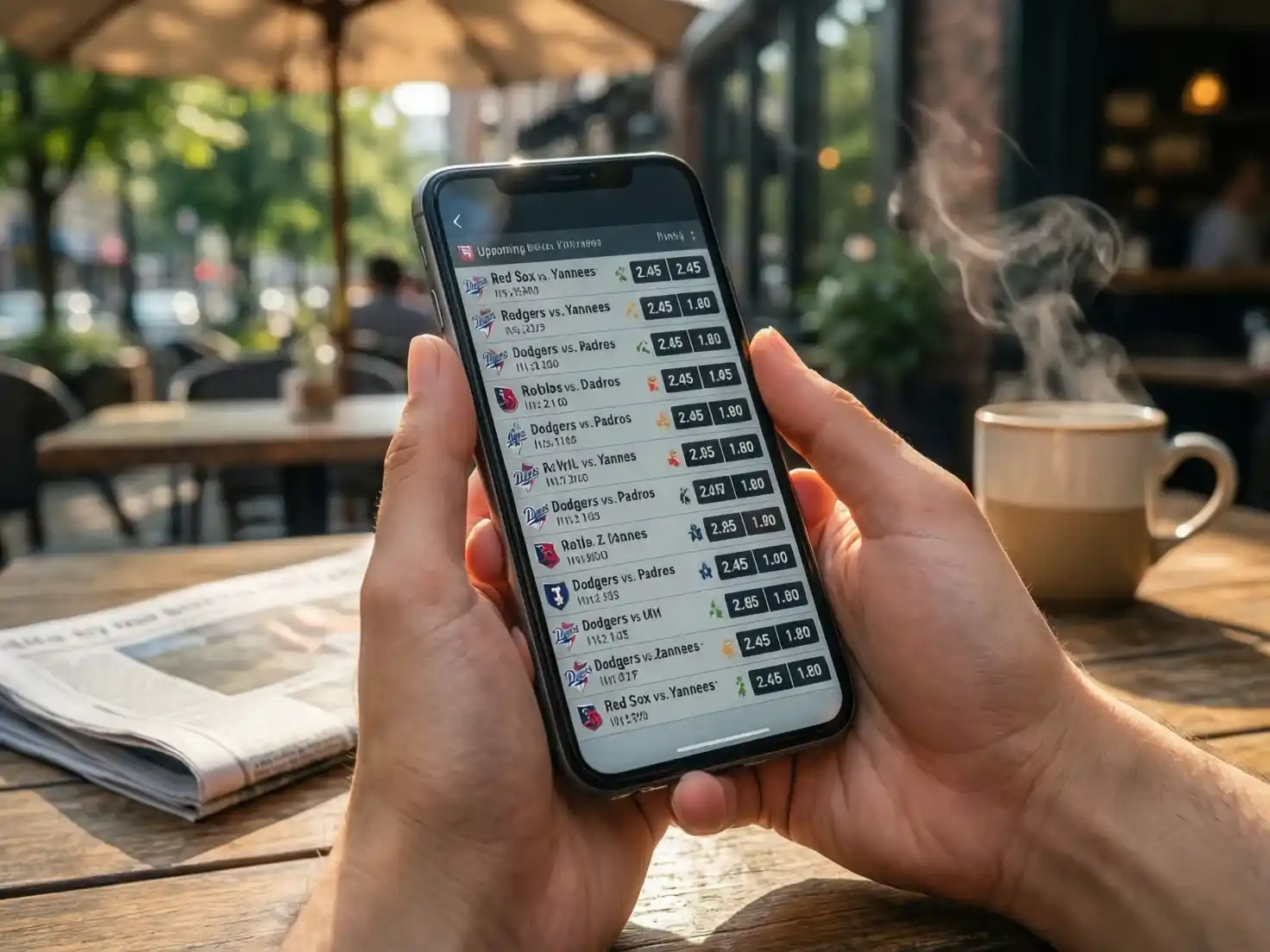 Manos sosteniendo smartphone con aplicación de apuestas deportivas abierta