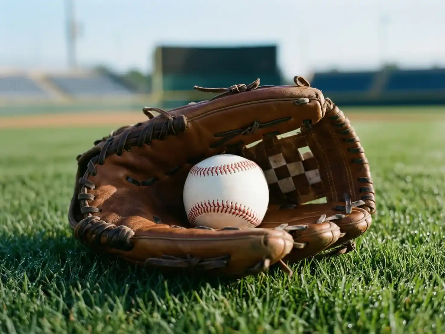 Guante de béisbol con pelota sobre césped verde de estadio