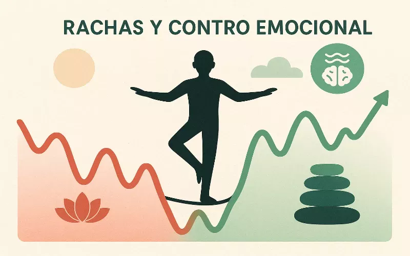 Gráfico de línea mostrando altibajos de rachas en apuestas con indicadores de control emocional