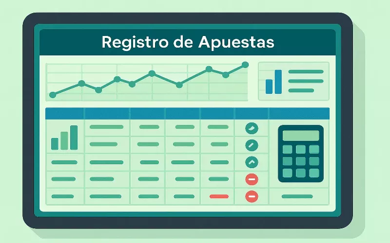 Hoja de cálculo digital mostrando registro detallado de apuestas con estadísticas y seguimiento de bankroll