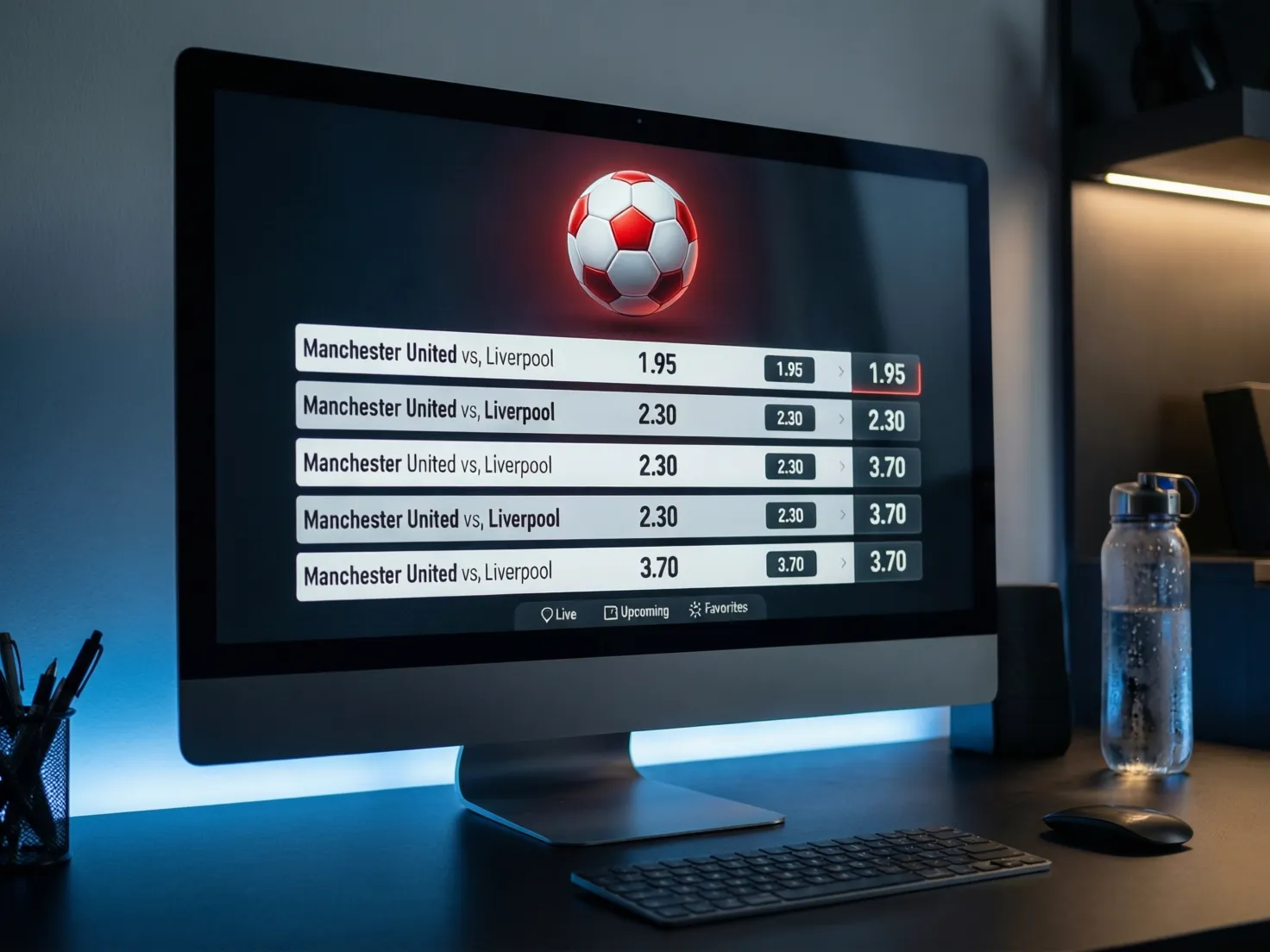 Pantalla de computadora mostrando interfaz de apuestas deportivas con partidos de fútbol
