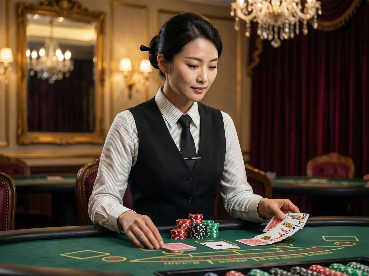 Mesa de casino en vivo con crupier profesional y cartas de blackjack