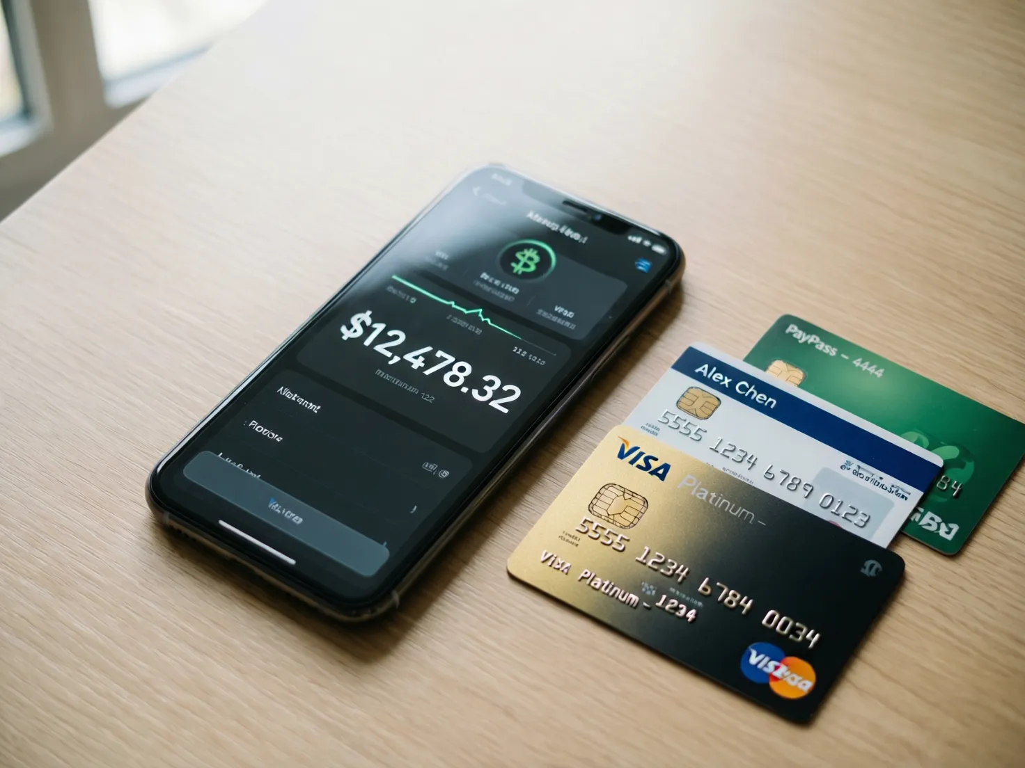 Smartphone mostrando aplicación de criptomonedas junto a tarjetas bancarias