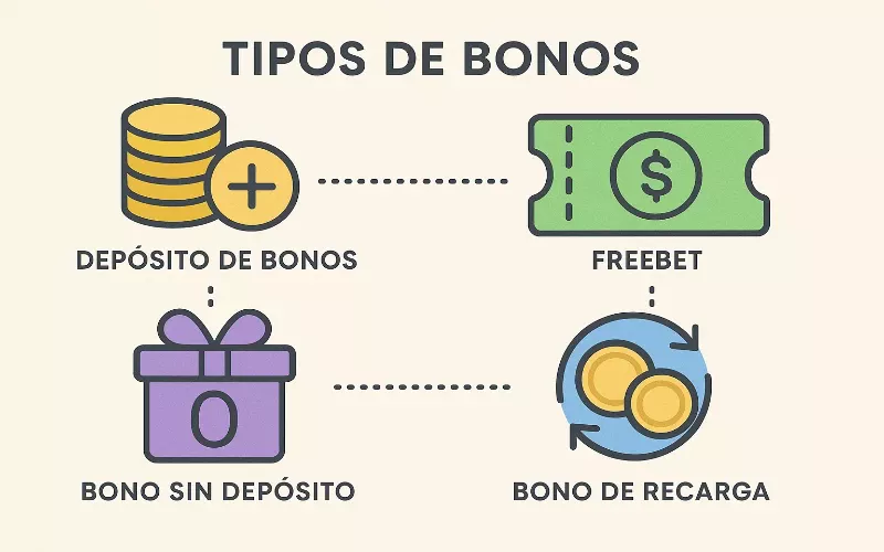 Iconos representando diferentes tipos de bonos de apuestas: depósito, freebets, sin depósito y recarga